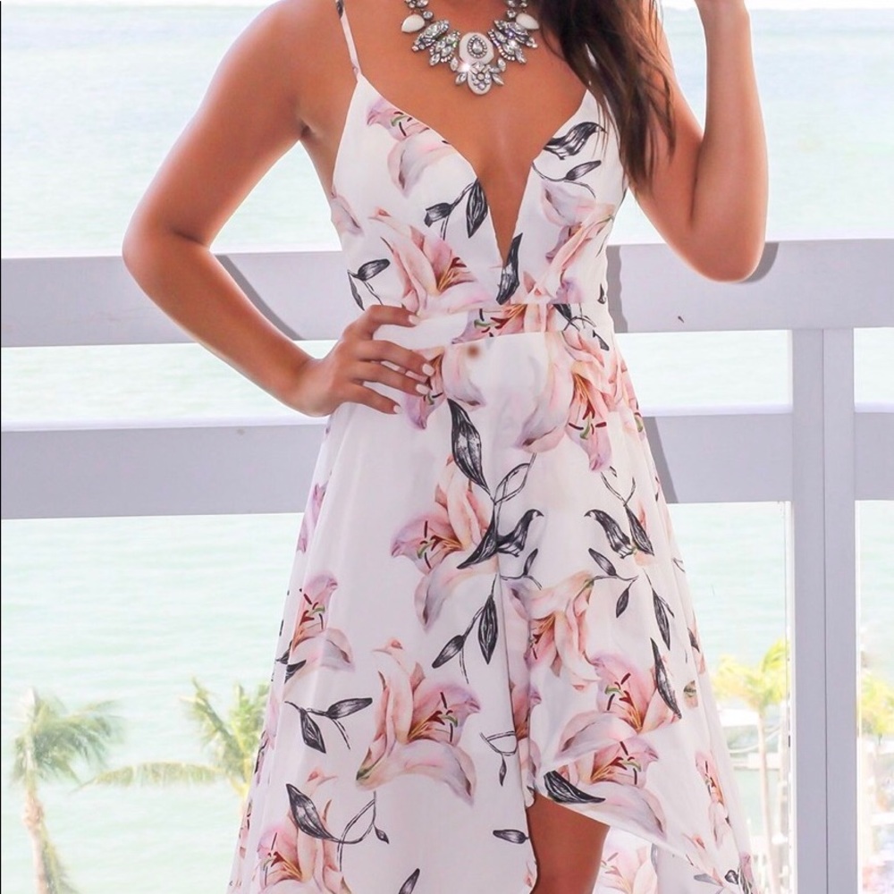 White Floral High Low Dress with Lace Up Back
